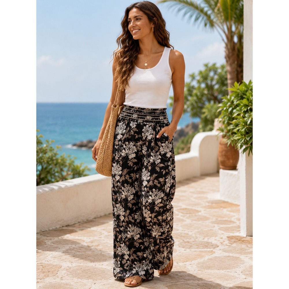 DaHui Hawaii Black White Floral Linen Blend Wide Leg Resort Pants Medium